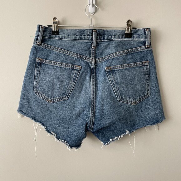 Agolde Parker Denim Shorts Caution Blue Raw Hem Mid-Rise Medium Wash  24 - Picture 3 of 9